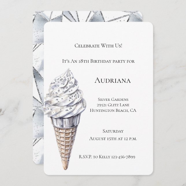Vanilla Silver Confetti Ice Cream Cone Birthday  Invitation (Front/Back)