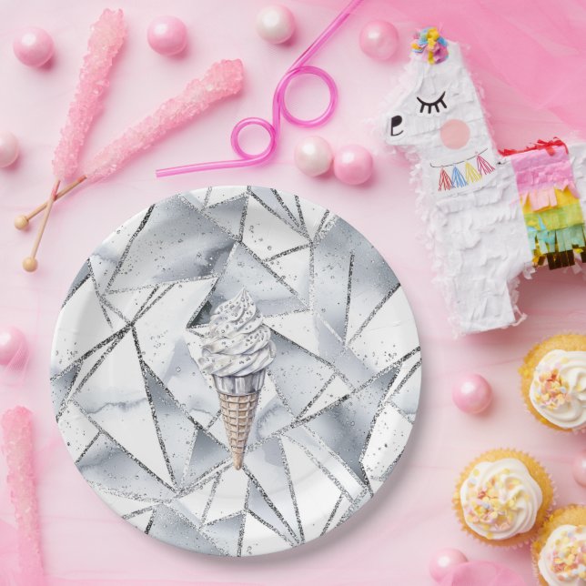Vanilla Silver Confetti Ice Cream Cone Birthday Paper Plates (Party)