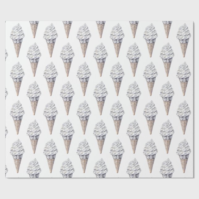 Vanilla Silver Confetti Ice Cream Cone Birthday Wrapping Paper (Flat)