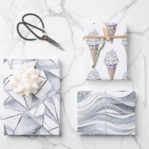 Vanilla Silver Confetti Ice Cream Cone Birthday Wrapping Paper Sheets