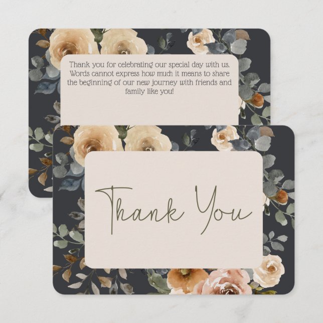 Vanilla White Boho  Roses Blue Wedding Thank You Card (Front/Back)