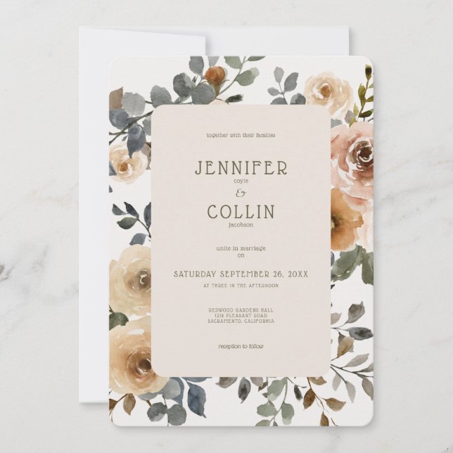 Vanilla White Boho Roses Cream Wedding Invitation (Front)