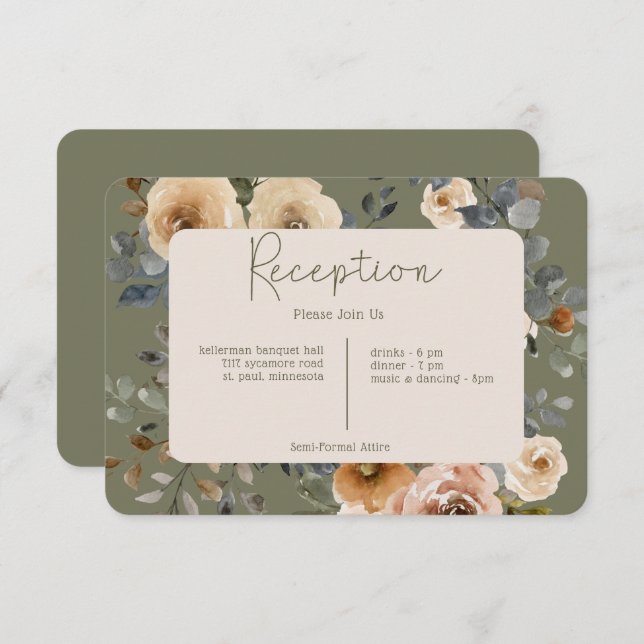 Vanilla White Boho Roses Sage Green Reception  Enclosure Card (Front/Back)