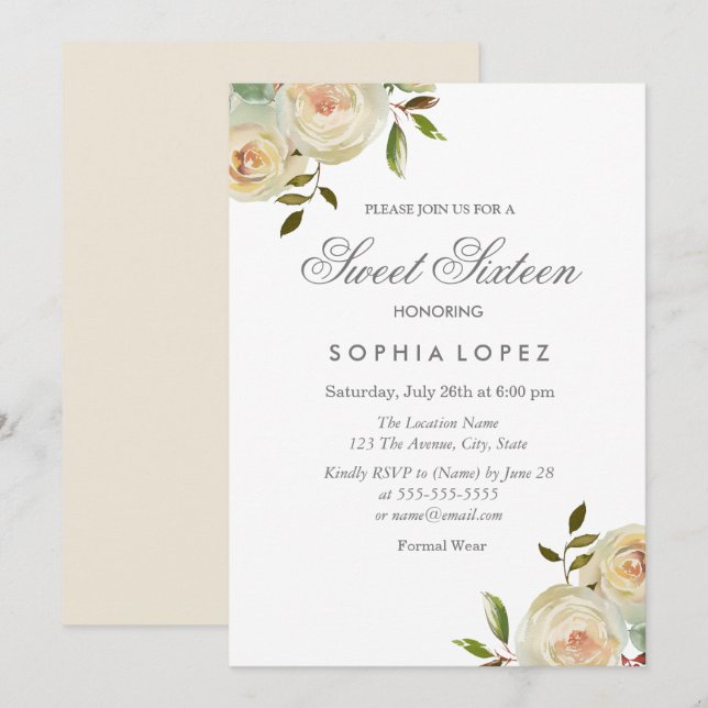 Vanilla White Cream Roses Elegant Sweet 16 Party Invitation (Front/Back)