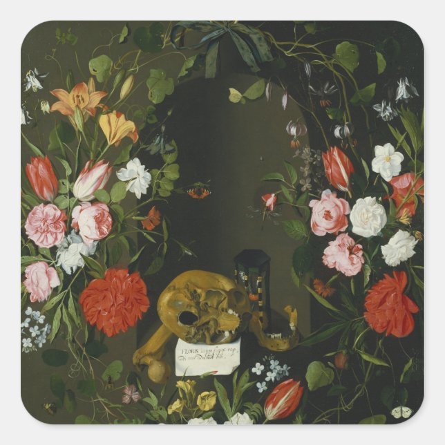 Vanitas Still Life with Flowers Square Sticker (Front)