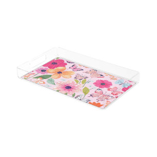 Vanity Tray, Flowers and Butterflies Acrylic Tray