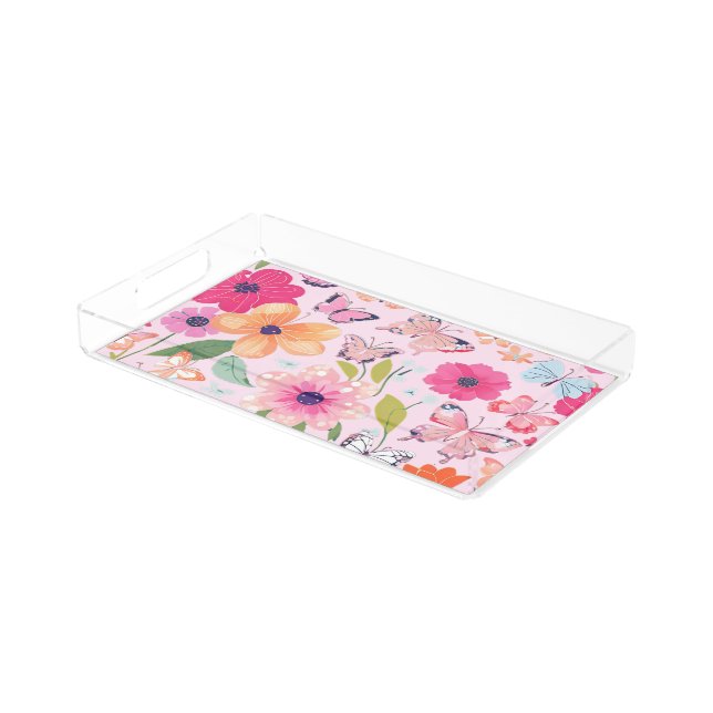 Vanity Tray, Flowers and Butterflies Acrylic Tray (Angled)