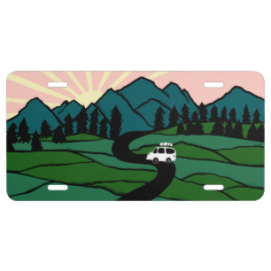 Vanlife Camping  Vintage Van Mountain Sunrise  License Plate