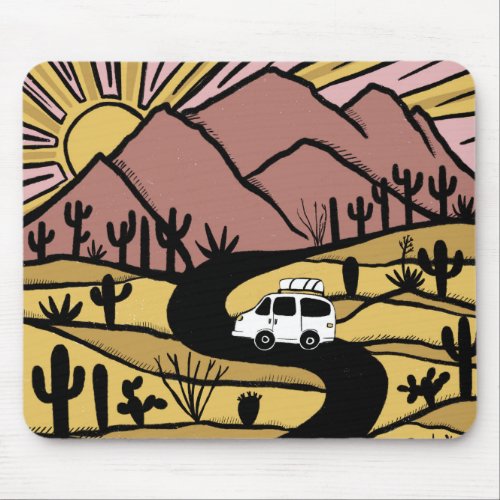Vanlife Desert MOUNTAIN SUNRISE Illustration Mouse Pad