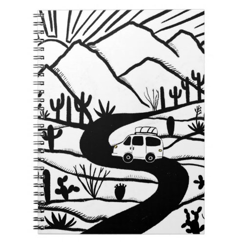 Vanlife Desert Road Trip Camping Black and White Notebook