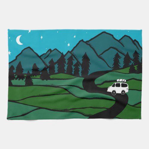 Vanlife in the Mountains Camping Moon Stars Kitchen Towel
