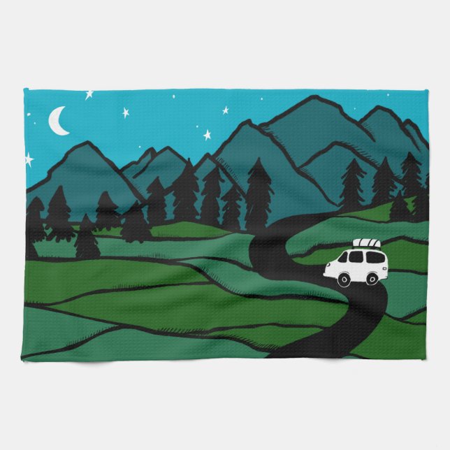 Vanlife in the Mountains Camping Moon Stars Kitchen Towel (Horizontal)