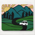 Vanlife MOUNTAIN SUNRISE Illustration Mouse Pad<br><div class="desc">Check out this awesome illustration of vintage camper van traveling up a mountain road! Customize it by adding your own text. Check my shop for more! If you buy it,  thank you! Be sure to share a pic on Instagram of it in action and tag me @shoshannahscribbles :)</div>