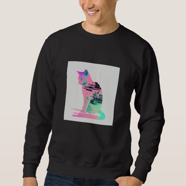 Vaperwave Aesthetic Glitch Cat Retrowave Synthwave Sweatshirt (Front)