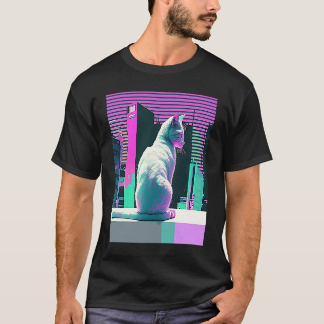 Vaperwave Aesthetic Glitch Cat Retrowave Synthwave T-Shirt (Front)