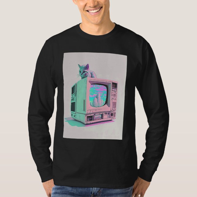 Vaperwave Aesthetic Glitch Cat Retrowave Synthwave T-Shirt (Front)