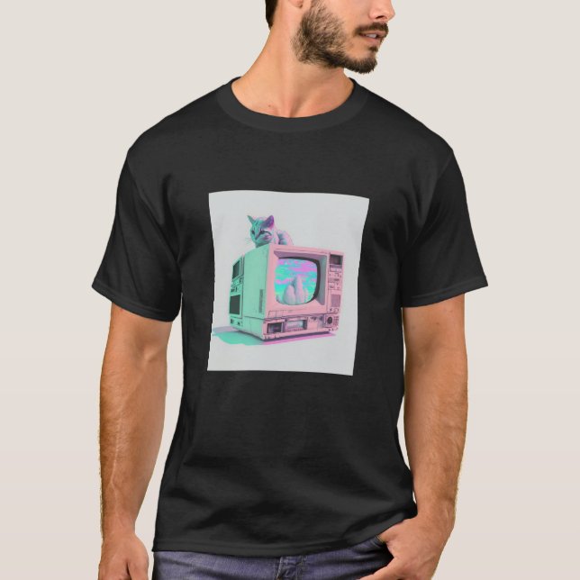 Vaperwave Aesthetic Glitch Cat Retrowave Synthwave T-Shirt (Front)