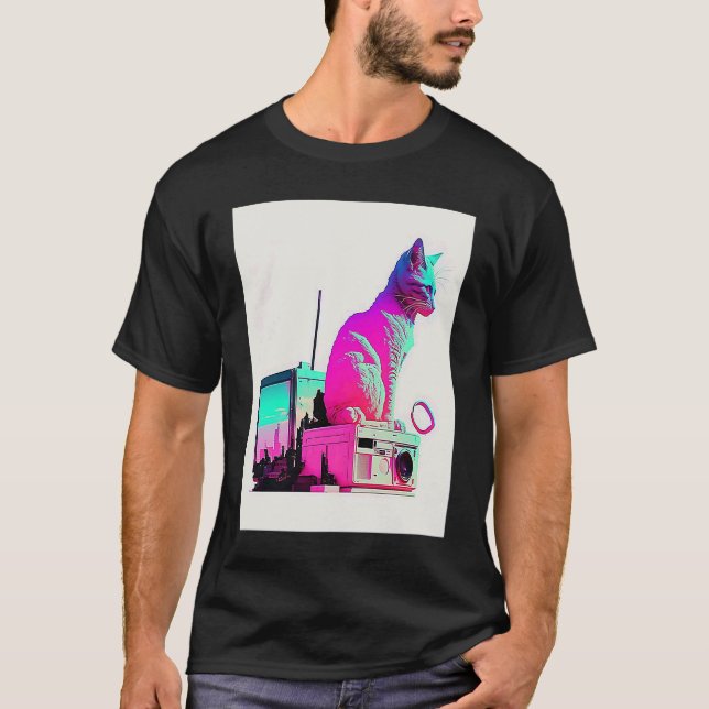 Vaperwave Aesthetic Glitch Cat Retrowave Synthwave T-Shirt (Front)