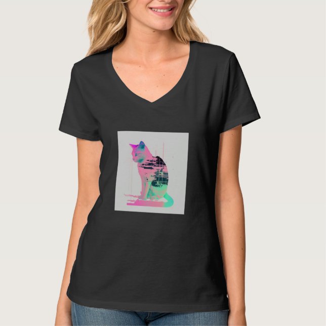 Vaperwave Aesthetic Glitch Cat Retrowave Synthwave T-Shirt (Front)