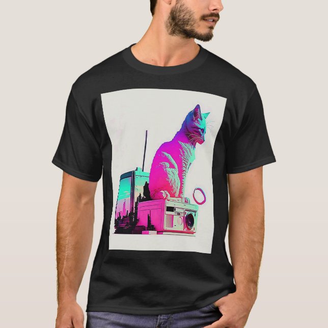 Vaperwave Aesthetic Glitch Cat Retrowave Synthwave T-Shirt (Front)