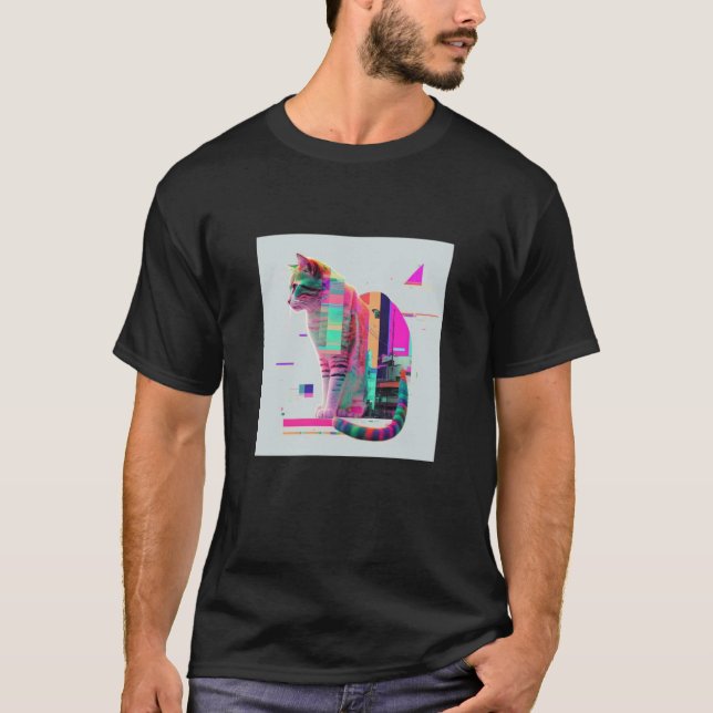 Vaperwave Aesthetic Glitch Cat Retrowave Synthwave T-Shirt (Front)