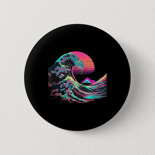 Vaperwave Aesthetic Glitch Great Wave Retrowave Sy Button (Front)