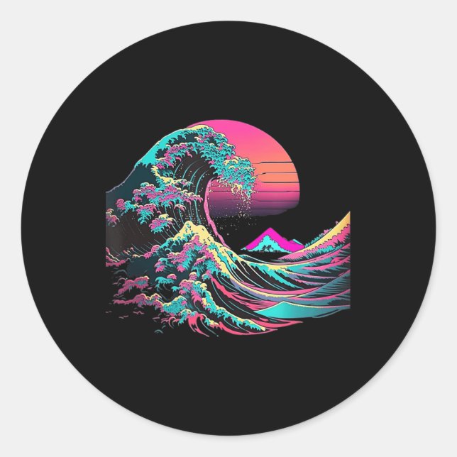 Vaperwave Aesthetic Glitch Great Wave Retrowave Sy Classic Round Sticker (Front)