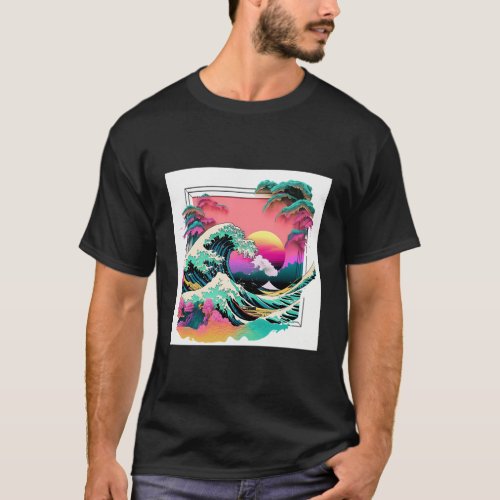 Vaperwave Aesthetic Glitch Great Wave Retrowave Sy T_Shirt