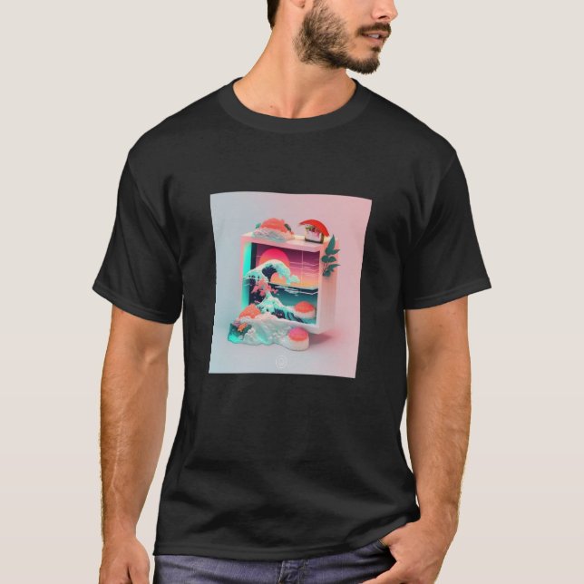 Vaperwave Aesthetic Glitch Sushi Retrowave Synthwa T-Shirt (Front)