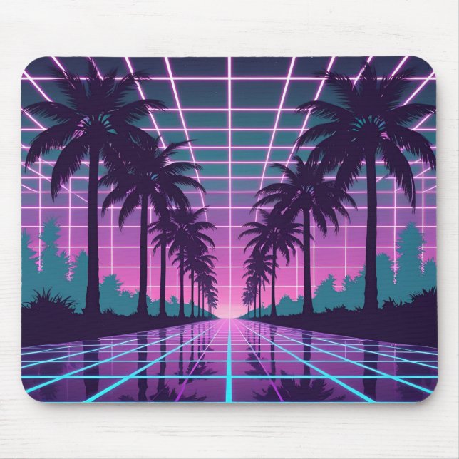 Vaporwave 80s Neon Grid Synthwave Art Poster Mouse Pad (Front)