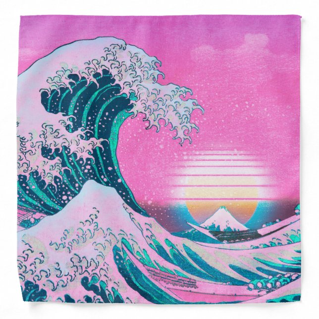 Vaporwave Aesthetic Great Wave Off Kanagawa Sunset Bandana (Front)