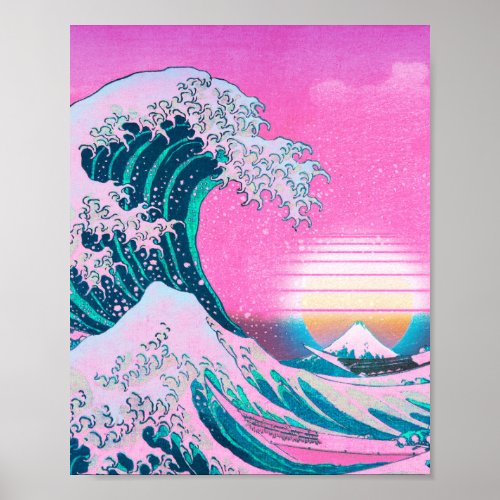 Vaporwave Aesthetic Great Wave Off Kanagawa Sunset Poster