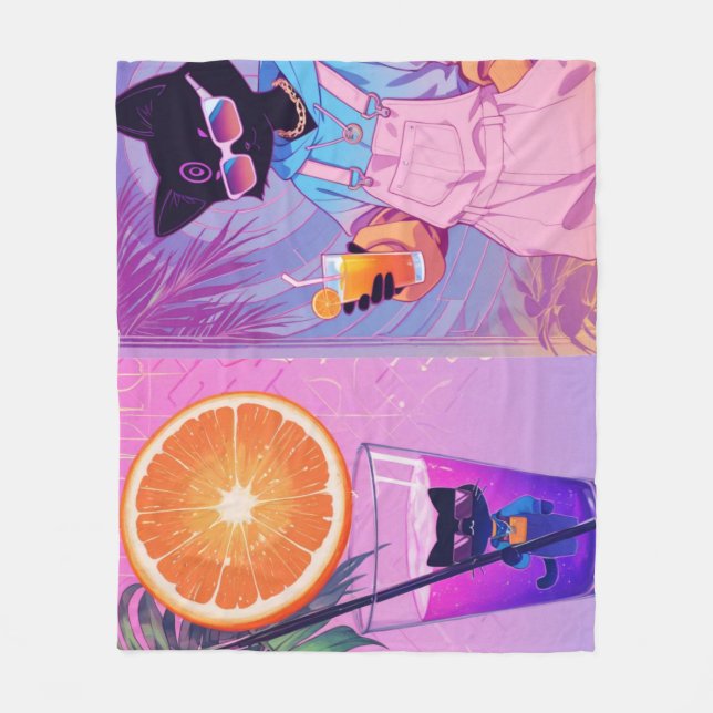Vaporwave Black Cat  Fleece Blanket (Front)