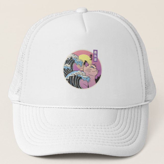 Vaporwave Cat -  Aesthetic Design Trucker Hat (Front)