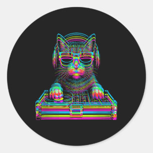Vaporwave Cat Dj Techno Rave Edm Music Concert Par Classic Round Sticker