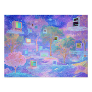 Vaporwave Cloudscape with Floating Windows Poster