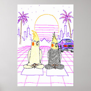 Vaporwave Cockatiels Retro Sunset Poster