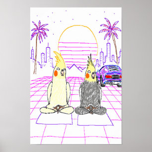 Vaporwave Cockatiels Retro Sunset Poster