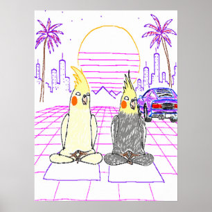Vaporwave Cockatiels Retro Sunset Poster
