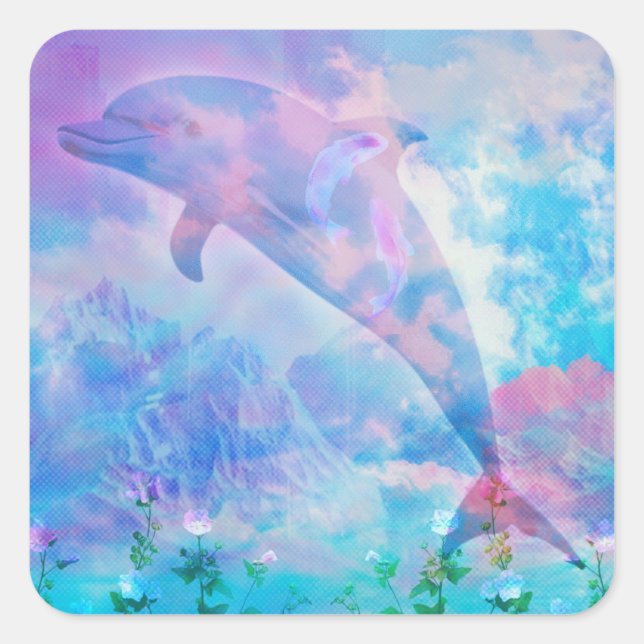 Vaporwave dolphin in the sky square sticker (Front)