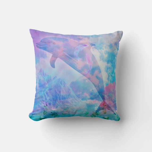 Vaporwave dolphin in the sky throw pillow (Front)