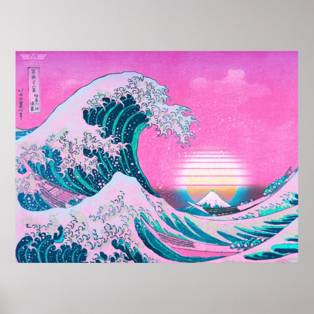 Vaporwave Esthetic Great Wave Off Kanagawa Sunset Poster (Front)
