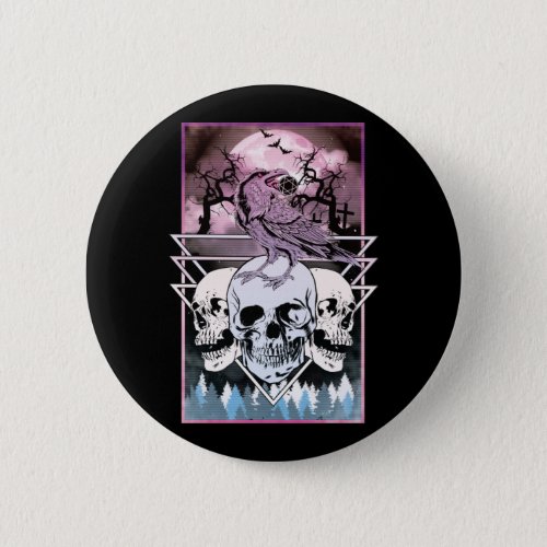 Vaporwave Glitch Skull Crow Wicca Halloween Button