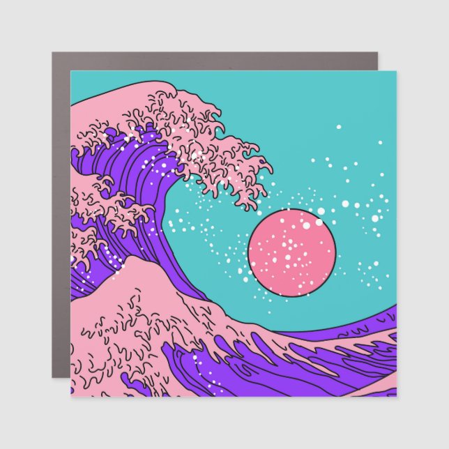 Vaporwave Great Wave: Stylized Ocean Art Car Magnet (Front)