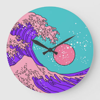 Vaporwave Great Wave: Stylized Ocean Art Large Clock