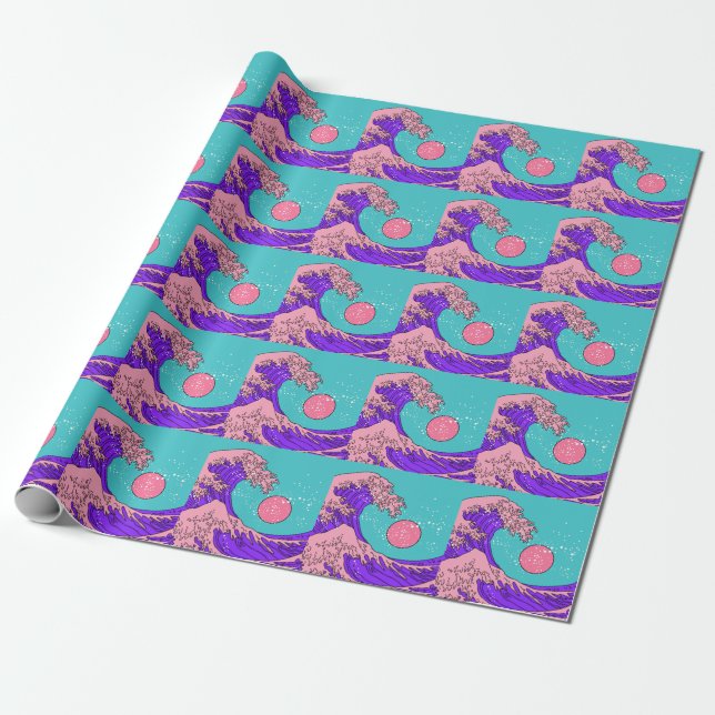 Vaporwave Great Wave: Stylized Ocean Art Wrapping Paper (Unrolled)