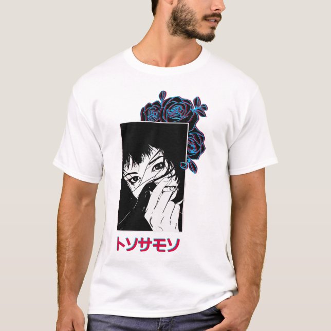 Vaporwave Japanese Girl Rose Ornament  T-Shirt (Front)