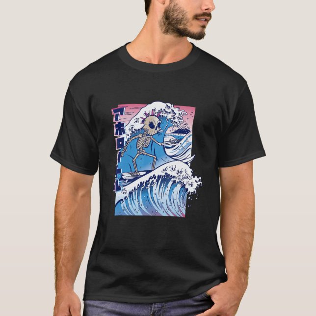 Vaporwave Kanagawa Great Wave Japan Surfing Skelet T-Shirt (Front)