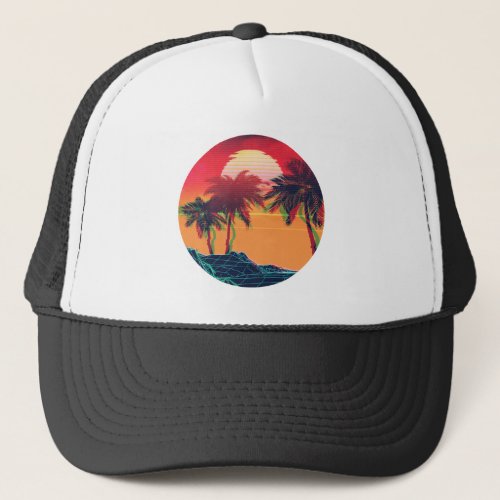 Vaporwave landscape with rocks and palms trucker hat