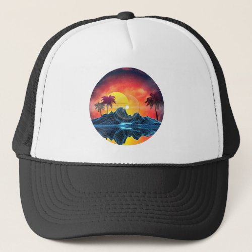 Vaporwave landscape with rocks and palms vinyl rec trucker hat